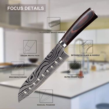 Японський ніж Joyspot Santoku 7 дюймів, професійний ніж для кухні, з нержавіючої сталі, гостра леза, ергономічна ручка