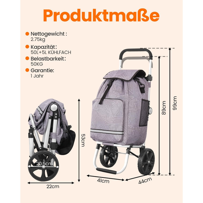 Складаний візок для покупок Homecall 50л з охолодженням, 3 в 1: візок, сумка, таскач, з принтом Geometrie, стандартні колеса