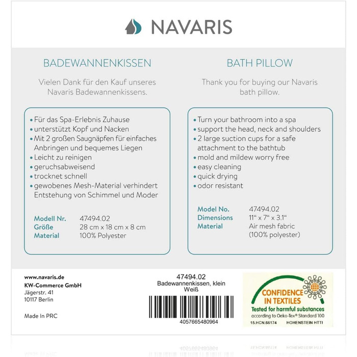 Navaris Small Bathtub Pillow made of Mesh - Tub Pillow Headrest Neck Pillow for Bathtub - Öko Tex Standard 100 - Anti-Slip in White
