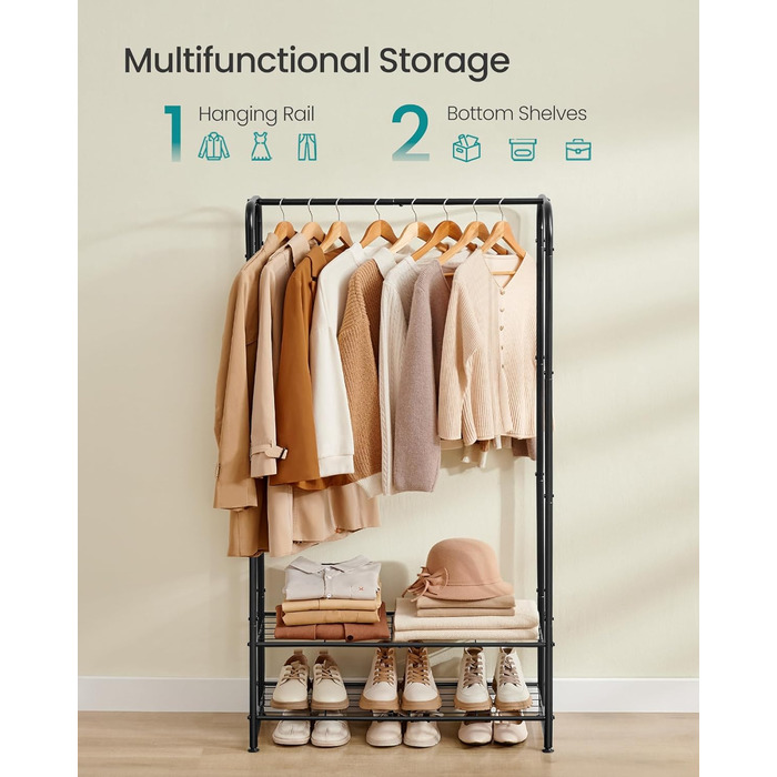 SONGMICS Clothes Rack, Open Wardrobe, Clothes Rail, Coat Rack with Shelves, Metal Clothes Rack, Freestanding, Matte Black LGR462B01 (73B cm)