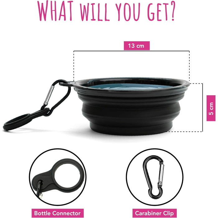 Складаний миска для собак TDL, 350 мл, чорний: для води та корму, з карабіном та тримачем для пляшки