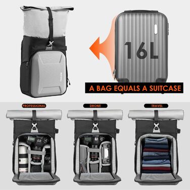 Рюкзак для камери Tarion Rolltop: професійний фоторюкзак з жорсткою оболонкою, відділенням для 16-дюймового ноутбука, сумісний з DSLR/SLR камерами, об'єктивами та штативом (сірий)