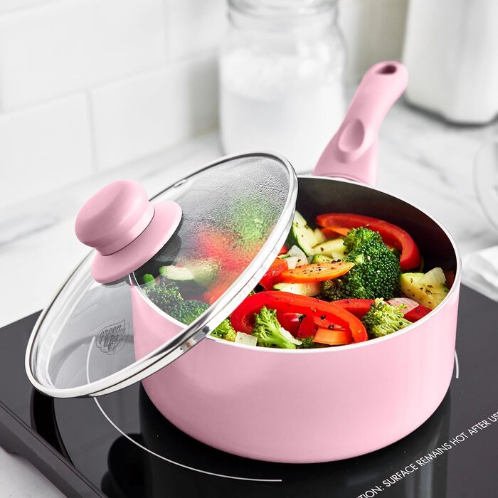 Набір кухонного посуду GreenLife Essentials 10 предметів: антипригарне покриття кераміки, рожевий колір, PFAS & PFOA-free, для плити, сумісно з посудомийною машиною