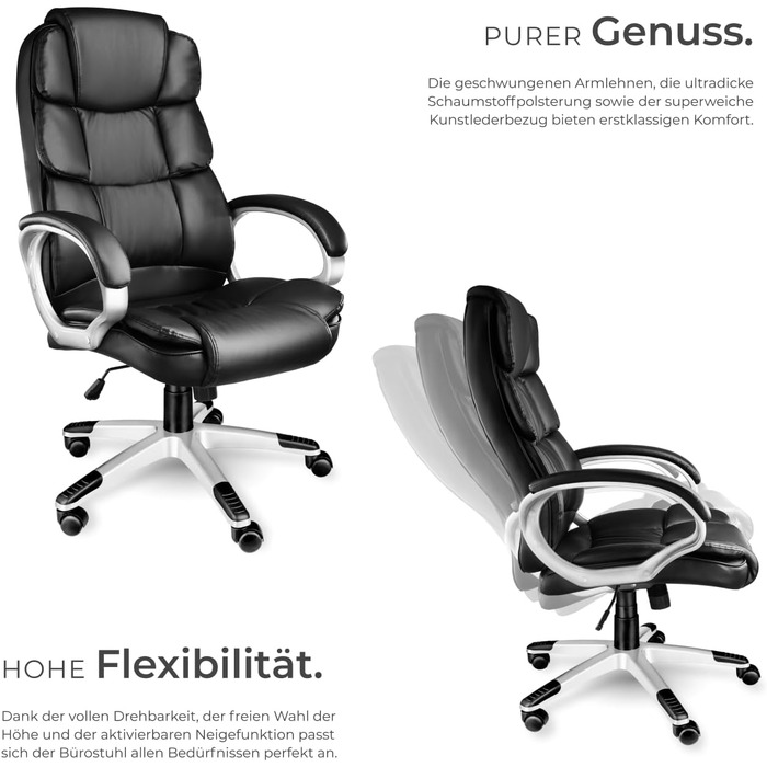 Офісне крісло tectake® з підлокітниками, регулюванням висоти та функцією гойдання, чорне, з підкладкою 12 см, оббивка під шкіру