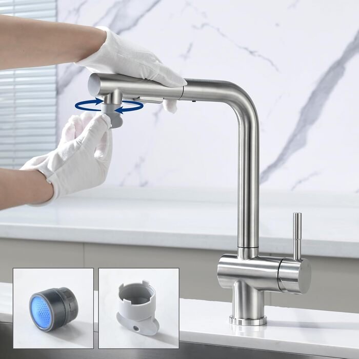 Змішувач кухонний CECIPA Hochdruck, висувна модель з донцем, шлангом та двома струменями, чорний, нержавіюча сталь, 360° обертання, ×207B (L-подібний, матовий нержавіюча сталь)