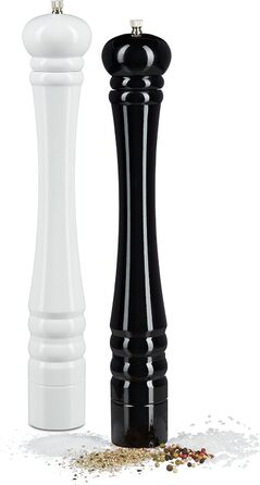 Set of 2 Wooden Macinapepe (Pepper Grinders), 40 cm Ceramic Grinder, Manual, Salt and Pepper Grinder, Classic Design, Black/White