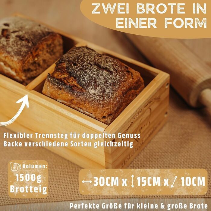 HOLZBROTZAUBER 30cm Loaf Tin made of Beechwood - Bake your own bread Loaf Tin - integrated separator - wooden loaf tin for any bread - Beechwood baking box - bread baking frame for 1.5kg of bread