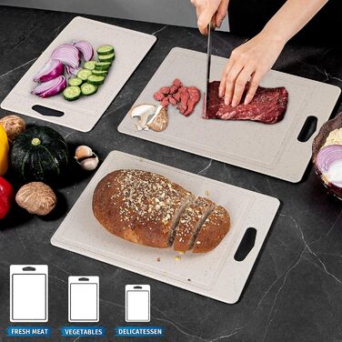 Набір обробних дощок 3 шт. з імітацією граніту, антиковзаючі наклейки, жолоб для соку, BPA-Free, з ручкою. Пластикові обробні дошки, антибактеріальні, кухонні аксесуари, гаджети, помічники (Бежевий, 3 шт.)