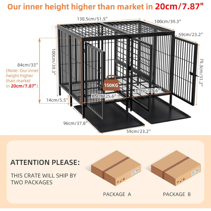 Кіяж для собак BingoPaw XXXL: міцна переносна клітка-вольєр для великих собак, 130x100x100 см, з подвійним доступом та піддоном