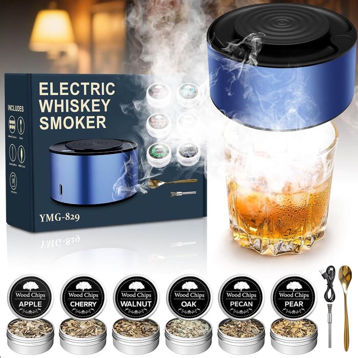 Електричний набір для копчення віскі з 6 дерев'яними чіпсами, перезаряджуваний набір для копчення з вбудованим запальником, без бутану, ідея подарунка для чоловіків, батька, чоловіка або друга, з LED-підсвічуванням, блакитний, EU