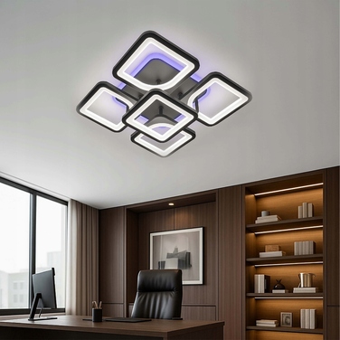 Сучасна стельова LED-люстра LEDLUX, чорна, на 6 точок, з пультом керування, 81 Вт