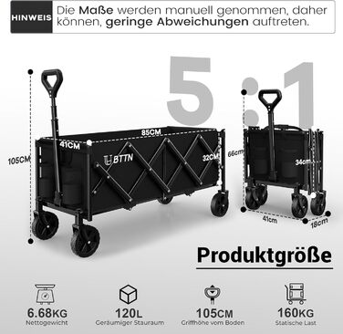 Складний візок-болерwagen BTTN 120л, вантажність 160кг (350lbs), чорний - для саду, кемпінгу, покупок та пікніків