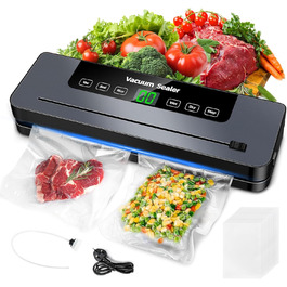 Вакуумний пакувальник 6-в-1 з цифровим LED-дисплеєм та 30 см зварювальною лінією, 50 шт. вакуумних пакетів, зовнішній шланг, для сухих та вологих продуктів, срібла