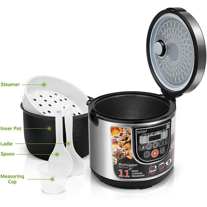 FORME Electric Rice Cooker with 11 Programs, 5L, 860W, LED Panel, Timer, and Keep Warm Function. Multicooker