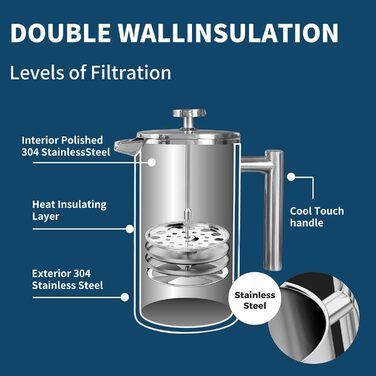 Френч-прес MERMOO YILAN 1L з нержавіючої сталі: термоізольований кавовар для кемпінгу, з подвійною стінкою, 1000 мл (срібний)