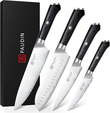 Набір кухонних ножів PAUDIN 4 шт: кухонний ніж, саторі, універсальний ніж, ніж для овочів. Професійний, гострий, з нержавіючої сталі 10Cr15CoMoV (твердість 62 HRC), з ергономічною дерев'яною ручкою