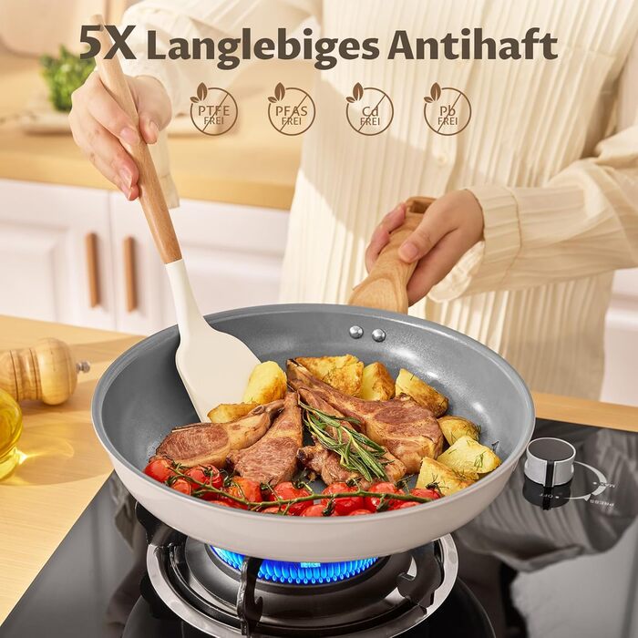 Набір сковорідок Induktion 5-ти частинний, діаметр 20, 24, 28 см, керамічне покриття, антипригарні, з бакелітовими ручками, підходить для всіх типів плит, без PTFE, PFAS, PFOA