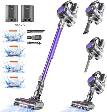 Бездротовий акумуляторний пилосос 40000Pa з 4 HEPA-фільтрами та контейнером 1.6L | 450W для твердих поверхонь, килимів та шерсті тварин (Lila)