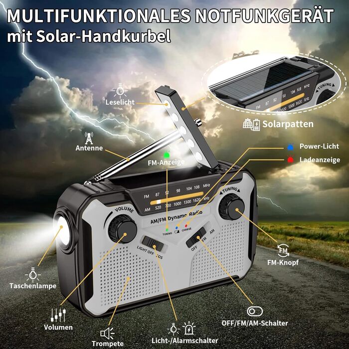 Радіо Solar Radio AM/FM портативне, з ручним генератором, аварійне радіо з акумулятором 4000mAh, ліхтарик, SOS-сигнал для кемпінгу, відпочинку на природі та надзвичайних ситуацій (сірий)