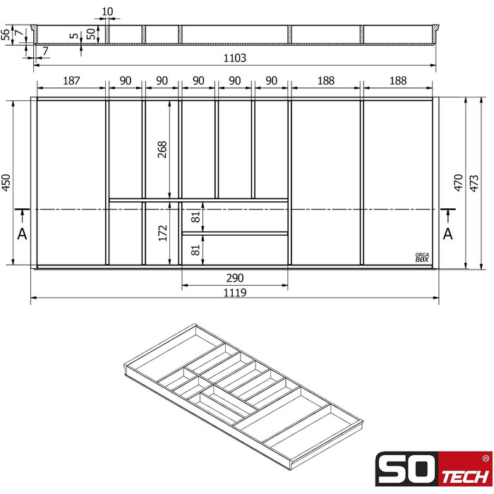 Orga-Box-1 BAMBUS Cutlery Insert with 15 compartments for Blum Tandembox/Antaro drawers, 1119 x 473 mm in a 120 cm wide cabinet. Cutlery box suitable for Wellmann and Alno kitchens and many others.