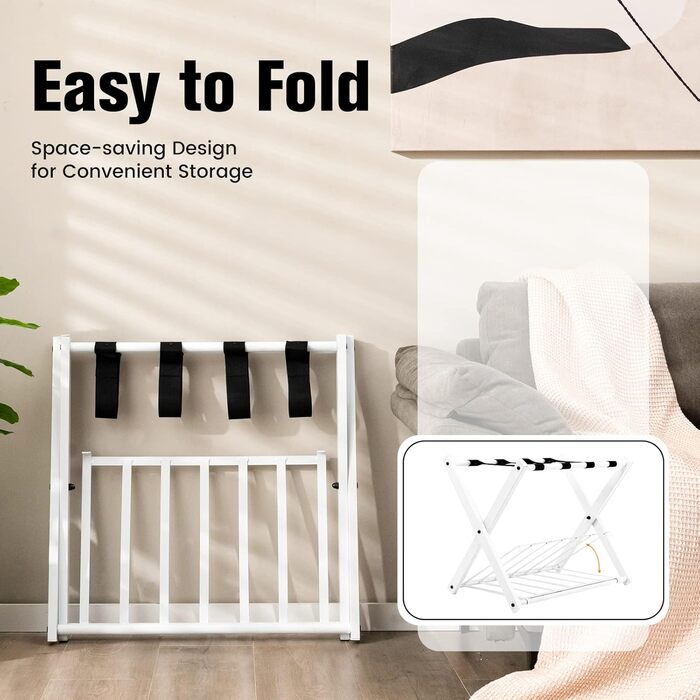 GIANTEX Folding Luggage Rack 2-Tier 68 x 43 x 58 cm Luggage Shelf Baggage Rack Metal Space-Saving Luggage Stand for Bedroom Guest Room Hotel Black (2 Pieces, Black) (2 Pieces, White)