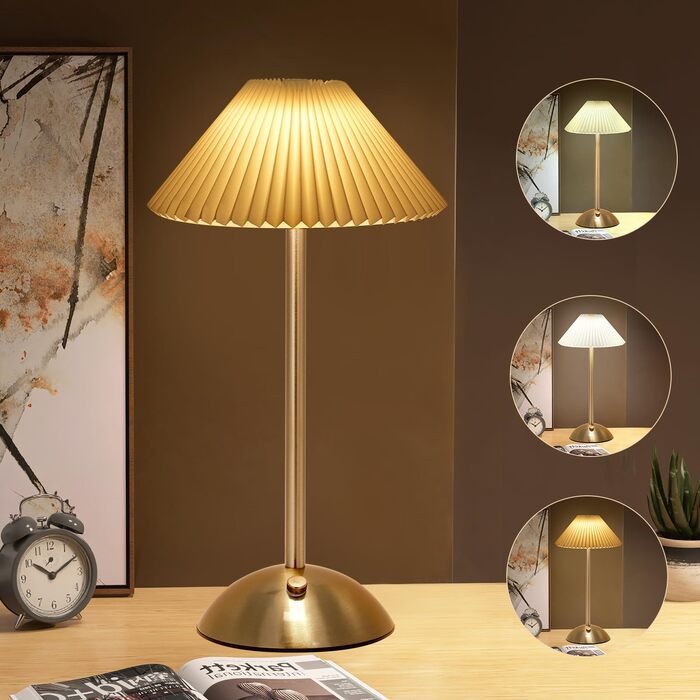 Світлодіодна настільна лампа Starnearby бездротова, з сенсорним димером, акумуляторна, 3 режими світла, вінтажний дизайн, металева, для спальні, офісу, тумбочки (Бежева + Коричнева основа)