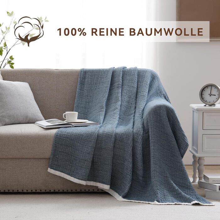 Плед SE SOFTEXLY з бавовни 100%, 4-шаровий м'який плед муслін, покривало на ліжко, накидка на диван, плед для дому, 130x150 см, білий (Pfauenblau, 200 x 230 см)