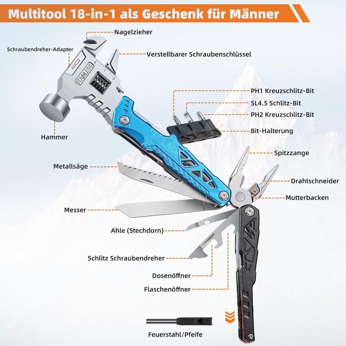 Мультитул Rollgabelschlüssel 18 в 1: преміум-мультитул з титанової сталі для чоловіків, кемпінгу, відпочинку на природі та надзвичайних ситуацій