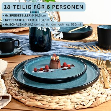 Набір посуду SÄNGER Vigo (18 предметів) | Керамічний набір посуду на 6 осіб | Тарілки, миски, десертні тарілки | Bluе з чорним бордюром, стійкий до подряпин