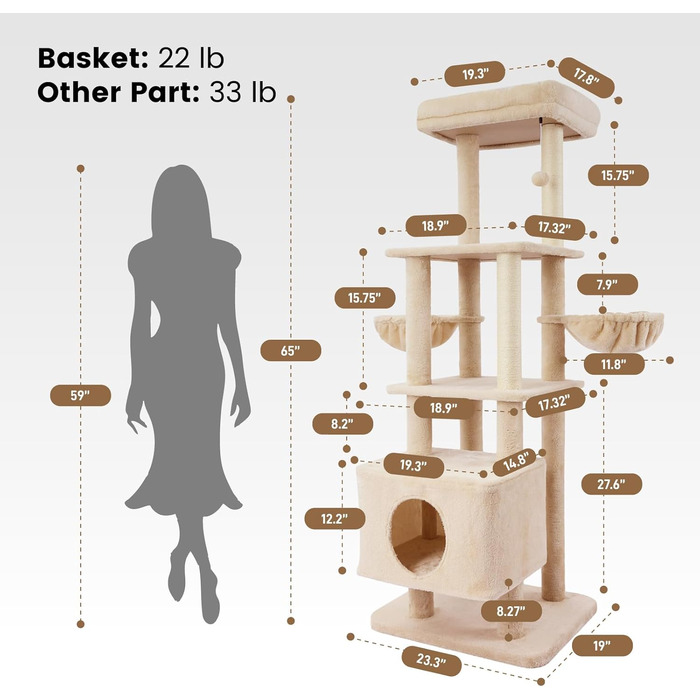 Кліматизатор для котів Гарднер Пет Катценбаум, великий, 165 см. Кліматизатор, ігровий комплекс з подвійними кошиками, стійками для дряпання, платформою та печерею. Компактні меблі для котів у квартиру, бежевий L (59 x 48 x 165 см)