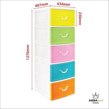 Chest of drawers 44x50x127 cm with 5 large XXL drawers, 40 liters per drawer, with fronts in beautiful candy colors and a modern woven look made from recyclable PP plastic for the environment.