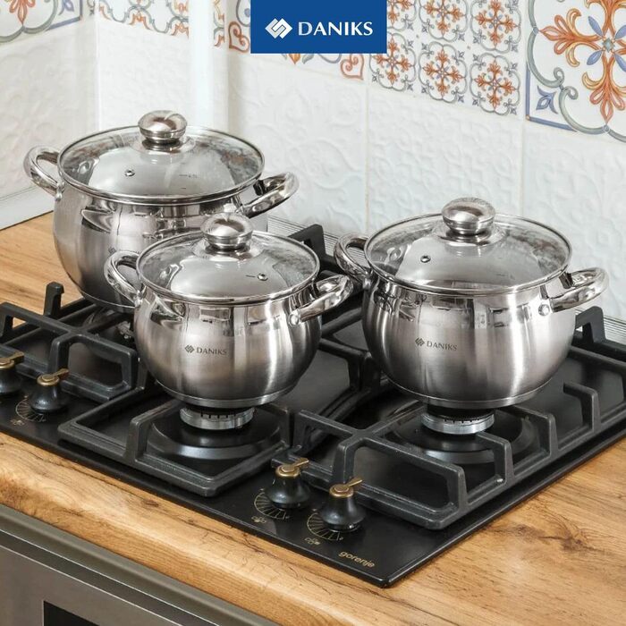 Набір каструль Daniks Classic 12 предметів з нержавіючої сталі для індукції з кришками: 16/18/20/24 см, сотейник, сковорода 24 см, каструля для макаронів і супу, сріблястий
