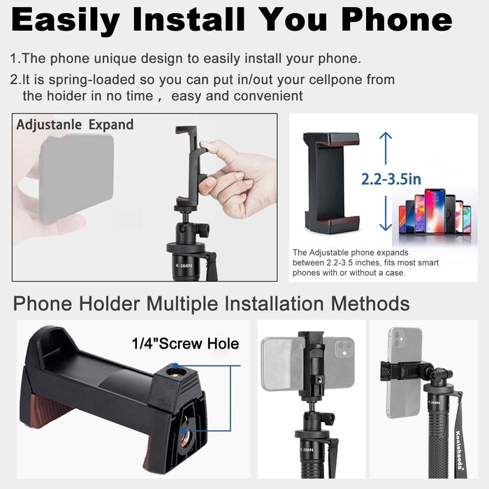 Штатив Koolehaoda 160 см з алюмінію з ручкою-підтримкою та тримачем для телефону, 1/4'-3/8' адаптер для DSLR/відеокамер, смартфонів