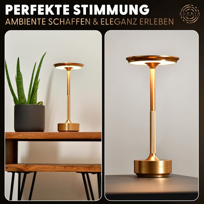 Настільна світлодіодна лампа ELYSIA з акумулятором, диммер, бездротова, сенсорна, IP54 (внутрішнє/зовнішнє), тепле світло (2200K-2700K-3200K), USB-C, алюміній, золота