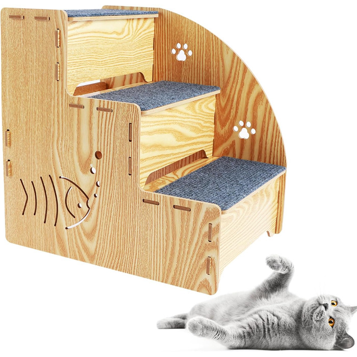 Сходинка для котів та собак з натурального дерева, 3 сходинки, 35 см, стабільна та неслизька