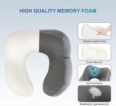 Подушка для шиї Eono з піною Memory Foam, ергономічна, для подорожей, з маскою для сну та навушниками, сіра