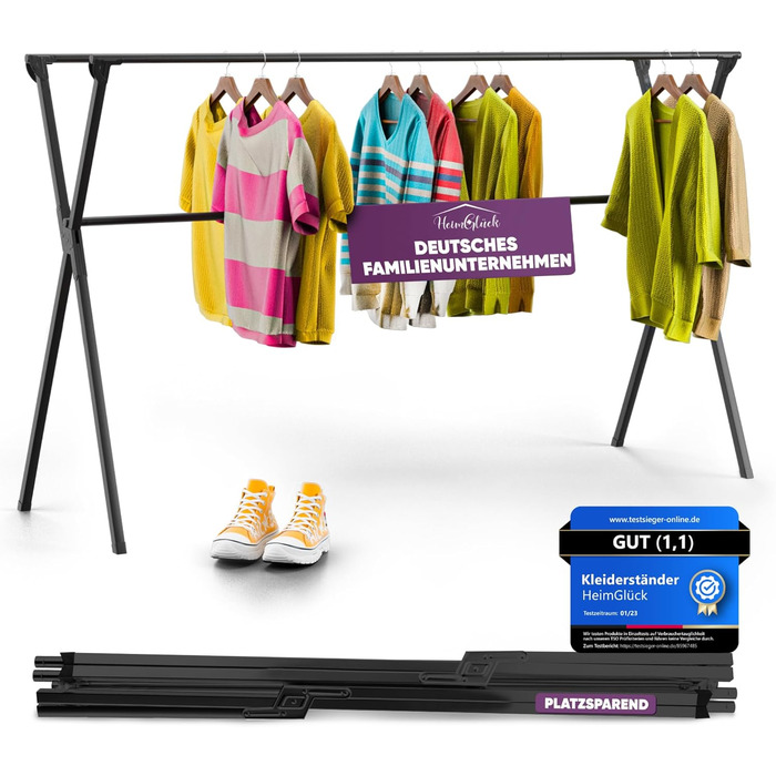 Clothes rack/Laundry rack + Bag Moritz black [Extendable 1.30-2.0m, foldable, very Stable Stainless Steel] Clothes rail, coat rack, hallway coat rack, open wardrobe