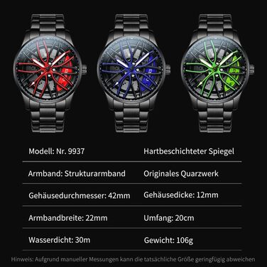 Чоловічий годинник OLEVS 9937 Кварцовий зі спортивним дизайном (диск колеса), сталь, водонепроникний, підсвічування, зелений