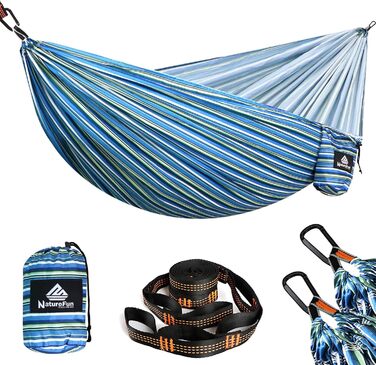 Ніжність у подорожах: Легка туристична гамак NATUREFUN | 300 кг, дихаюча, швидковисихаюча | 2 x карабіни, 2 x петлі | для відпочинку на природі, вдома, в саду (275 x 140 см, блакитно-білий)