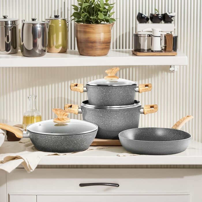 Набір посуду DishDelight 12 шт: сковороди та каструлі з антипригарним покриттям, підходить для індукційних, газових плит та мікрохвильовки, сірий