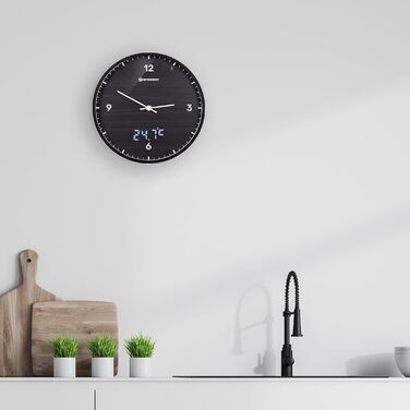 Bresser MyTime Radio-Controlled Wall Clock without Ticking Sounds, 24 cm Dial, LED Second Display, Indoor Temperature, and Silent Radio Clock Movement (Black)