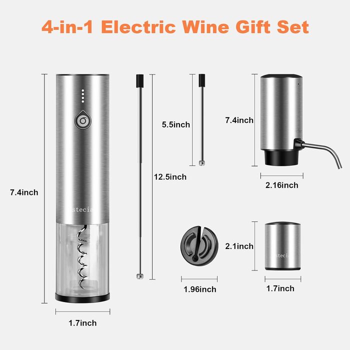 Electric Wine Opener 4-in-1 Set with Automatic Wine Decanter & Wine Opener USB-C Rechargeable, Vacuum Stoppers, Foil Cutters, Gift Box for Wine Lovers