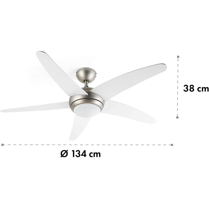 Вентилятор стельовий Klarstein Bolero 134 см з підсвічуванням, 55W, дерев'яні лопаті, пульт ДУ, 50 dB, 3 швидкості (білий)