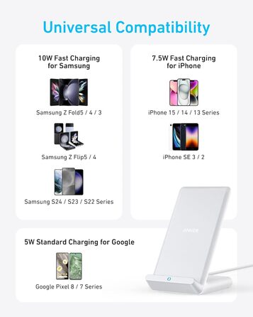 Бездротова зарядка Anker 313 Qi, сумісна з iPhone 16/15/15 Pro/15 Pro Max, SE (2020), 13/13 Pro/13 Pro Max, XR, Galaxy S22 (10W, без блоку живлення)
