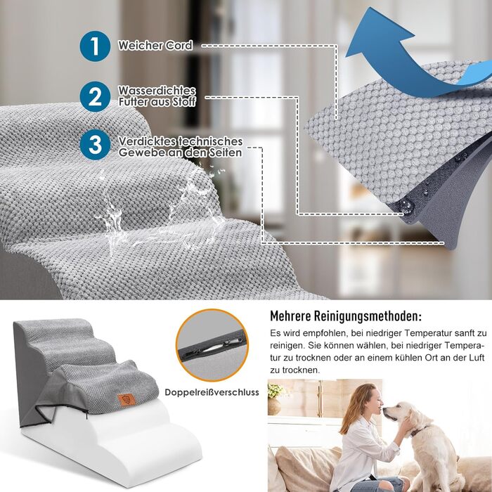 Myiosus Dog Stairs, 2 Steps Pet Stairs, Waterproof Dog Steps Made of Sponge, Non-Slip Dog Ramp for Sofa Bed, Washable Cover Dog Stairs, Portable Cat Stairs (5-Step Dog Stairs, Grey)