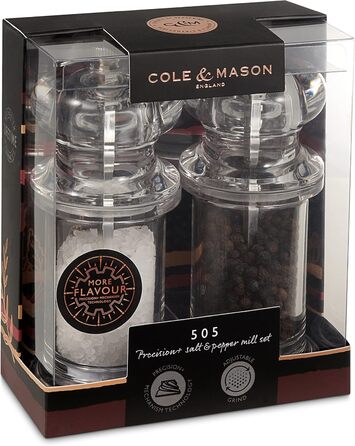 Cole & Mason 505 Salt & Pepper Mill Set – Classic Design, Adjustable Grinder, 14cm, Transparent Acrylic Body, Durable & High Quality, Manual