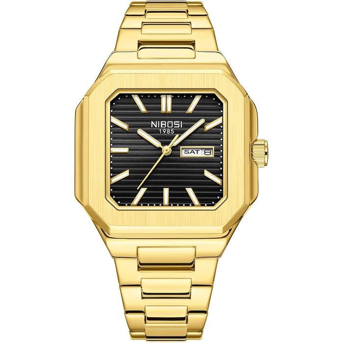Годинник чоловічий NIBOSI: кварцовий годинник з нержавіючої сталі, мілітарі, квадратний, водонепроникний, бізнес-стиль, класичний, для чоловіків (золотий/чорний)