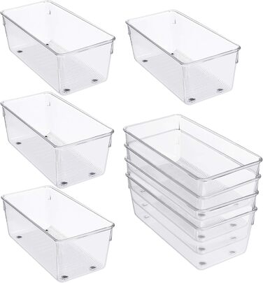 Kurtzy Refrigerator Organizer Box Set for Kitchen, Cabinets (8 Pcs) Plastic Organizer 20cm Long, Transparent Organization System for Bathroom, Pantry, Freezer, Kitchen Cabinet Organizer Drawer