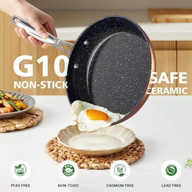 Набір сковорідок Nuwave 3 шт. з нержавіючої сталі, ковані, легкі, 20.3 см, 25.4 см, 30.5 см, покриття G10 Healthy Duralon Blue Ceramic Ultra Antihaft, ергономічні ручки, індукційні, антипригарні, рустикальне мідне покриття