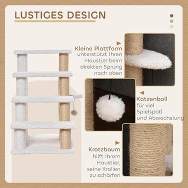 PawHut 3-Step Pet Stairs with Scratching Pillars, Ball, Dog Stairs, Pet Stairs for Cats up to 5 kg, Plush Jute, White, 45 x 40 x 48 cm (60L x 40W x 64H cm, White)
